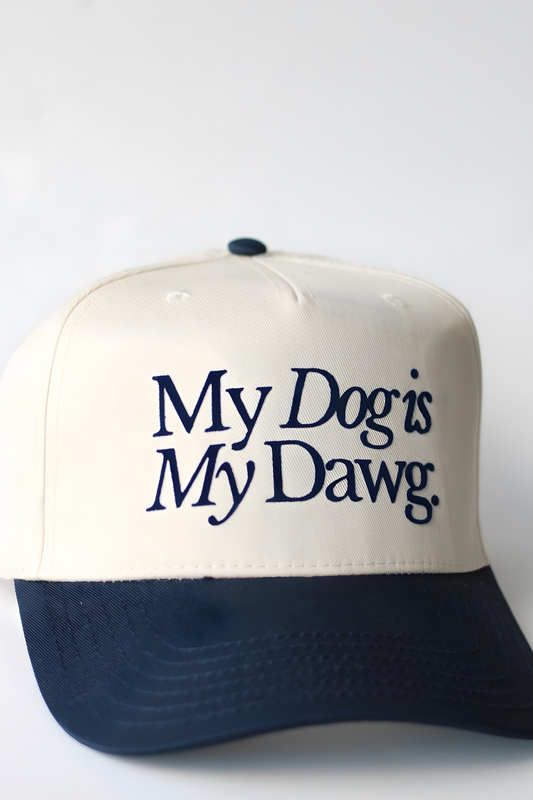MY DOG IS MY DAWG CAP (NAVY BLUE & NATURAL)