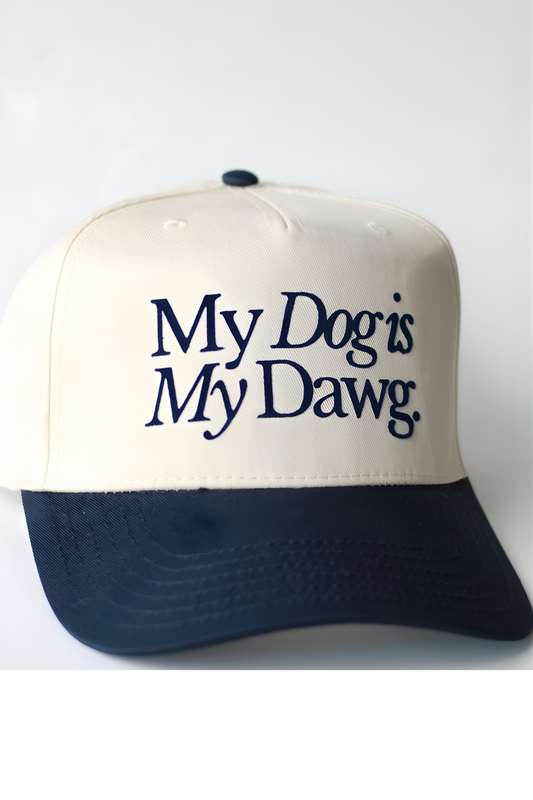 MY DOG IS MY DAWG CAP (NAVY BLUE & NATURAL)